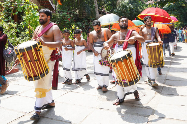 A Chenda Melam was part of the event. The chenda originated in Kerala as a cylindrical percussion instrument.