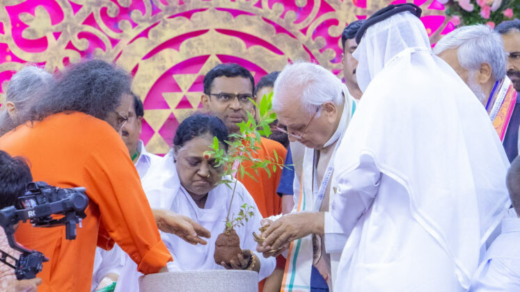Amma planted a sandalwood sapling using a soil mixture collected from over 70 countries, symbolising global unity and harmony.